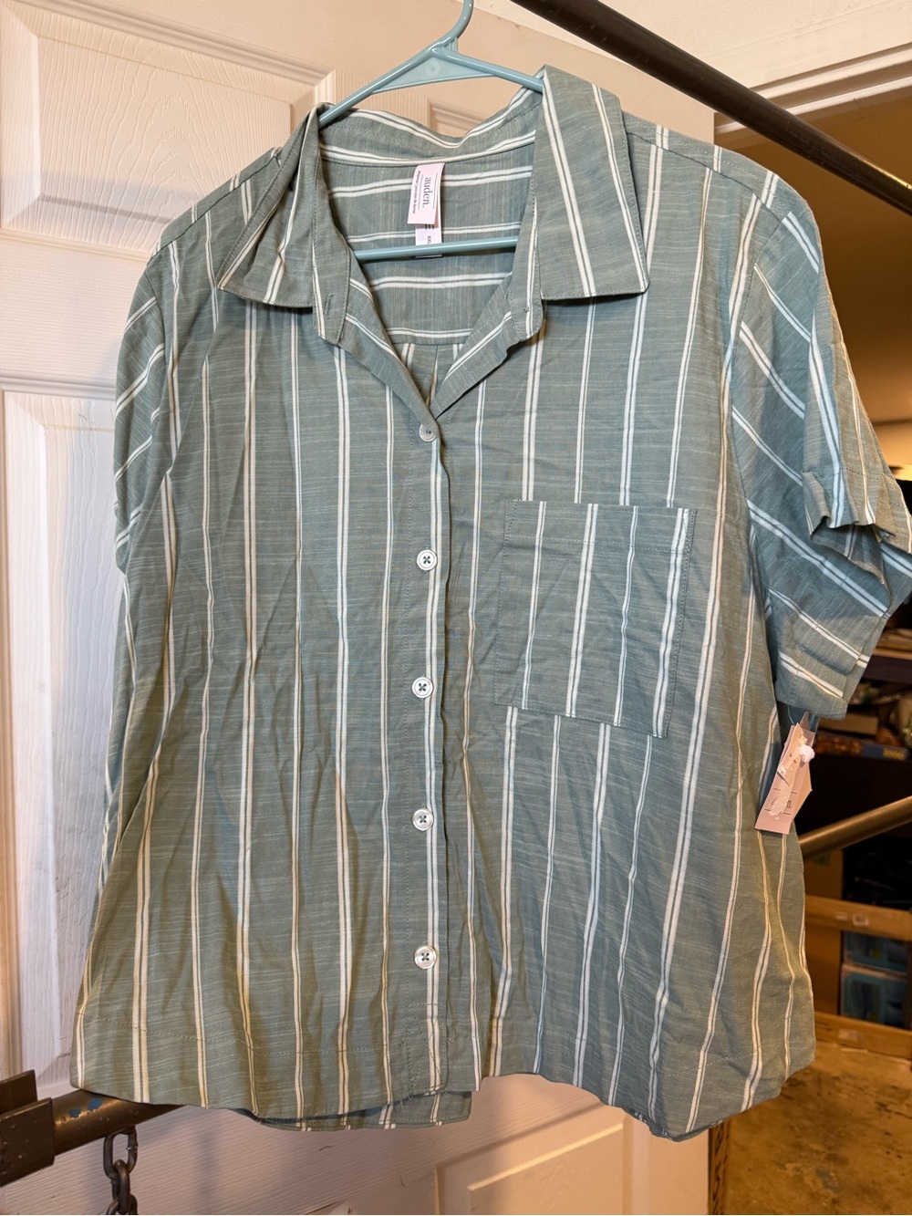 Auden Green and White Striped Short-Sleeve Button Shirt